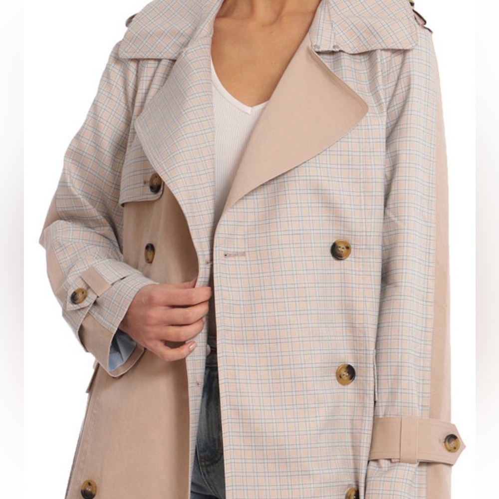 Avec Les Filles - Women's Mixed Media Plaid Cotton Trench Coat - Picture 2 of 3